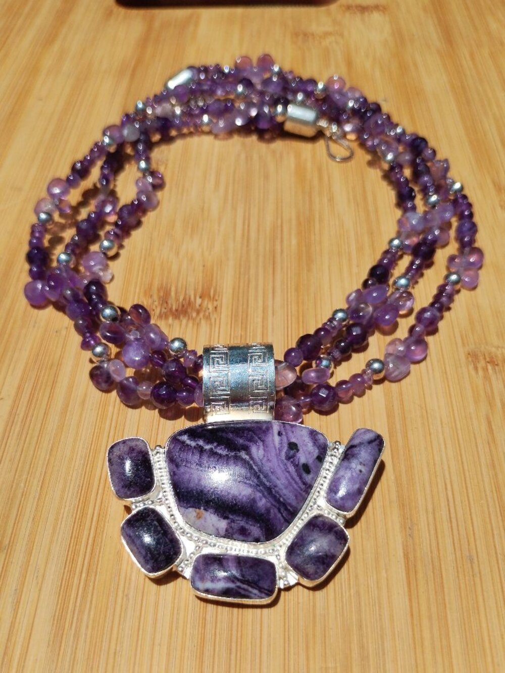 Jay King 3 strand Amethyst necklace with charoite pendant 925 Sterling Silver